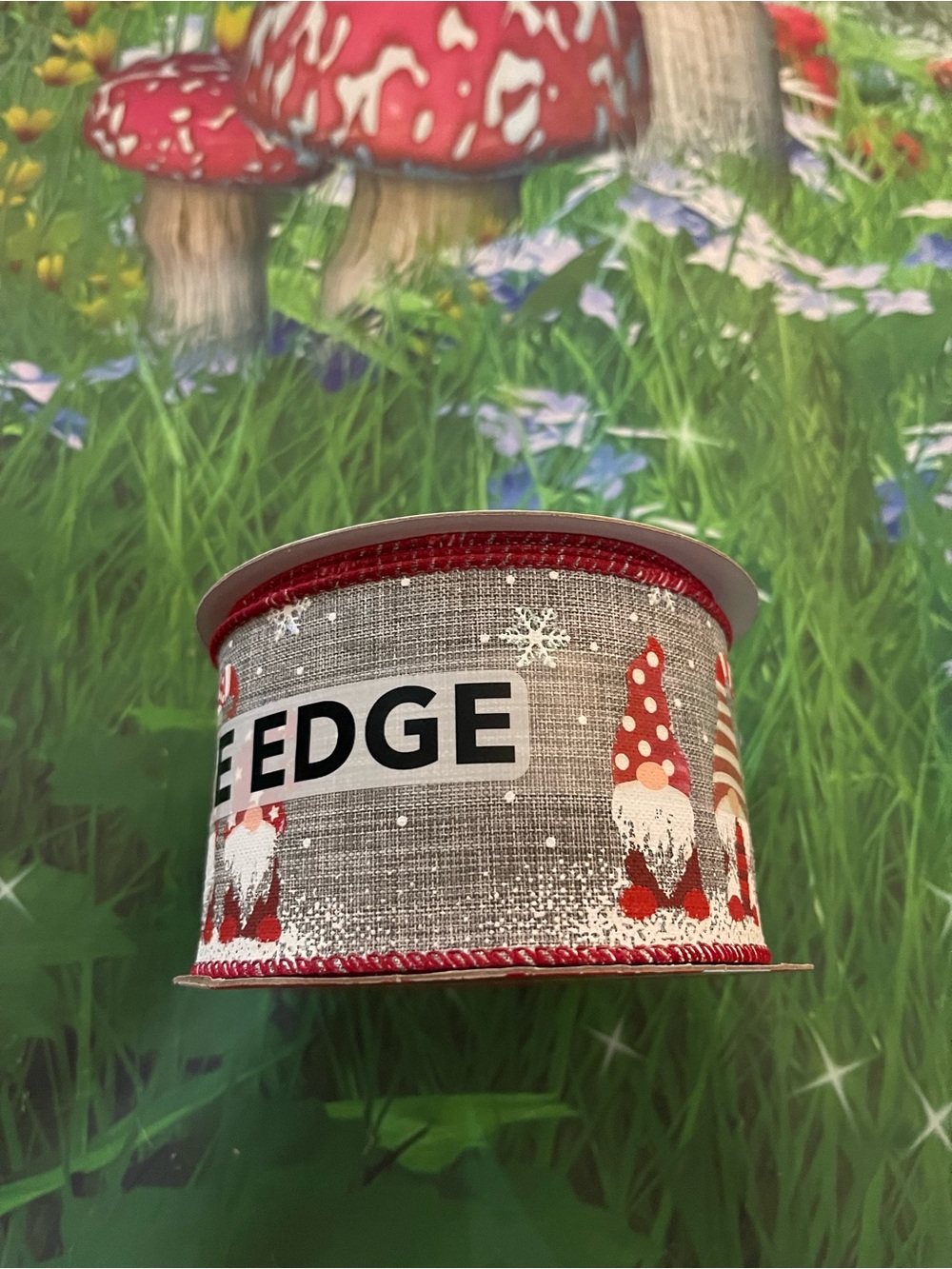Christmas Gnomes on Grey Linen Ribbon, 2.5" x 8.3 Yd., NWT